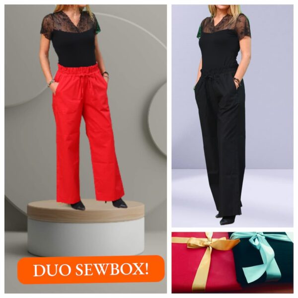 SEW BOX DUO- Krojacka kutija sa crvenim i crnim keperom- Široke pantalone